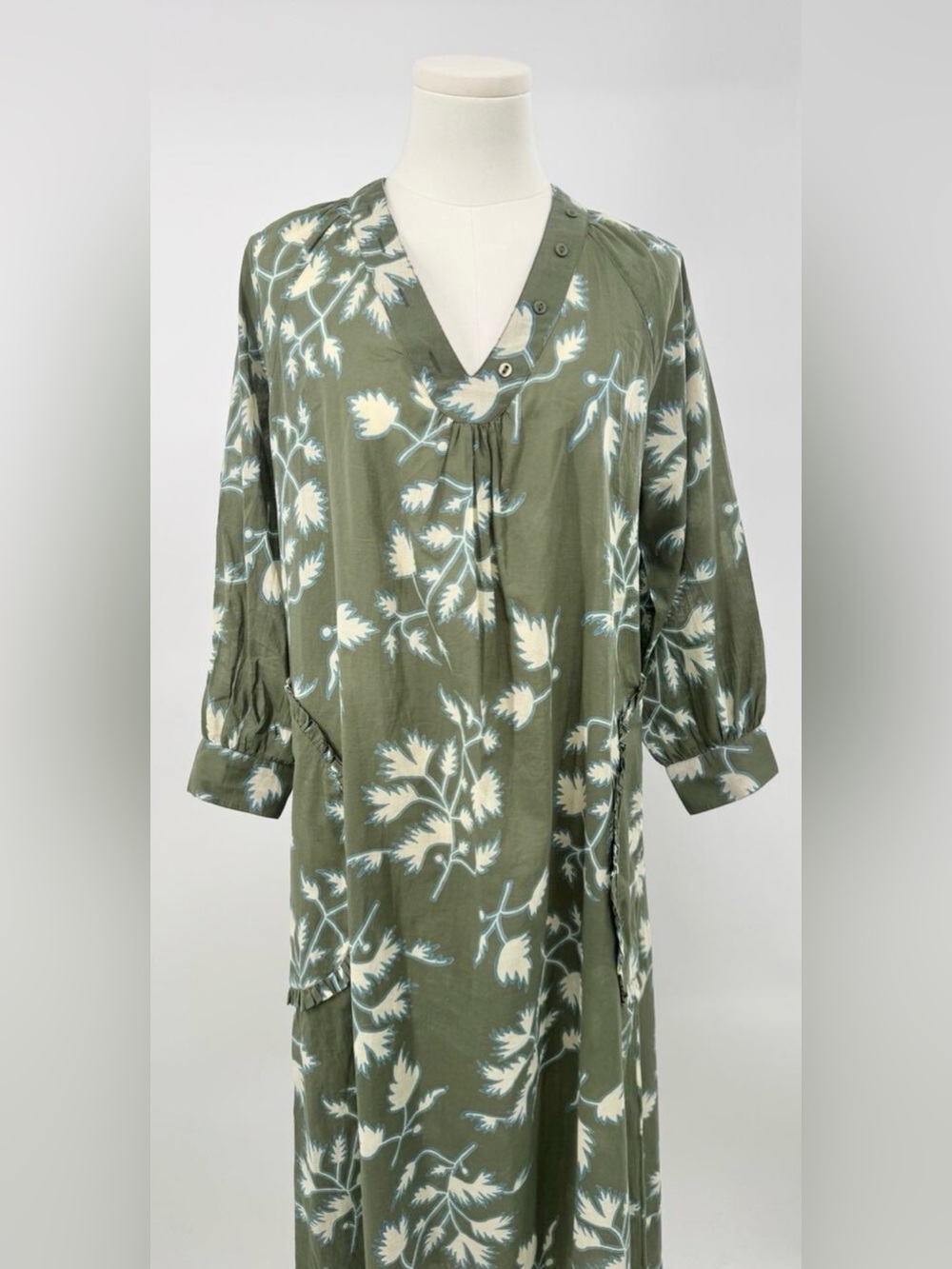 Mirth Palm Springs Caftan Green Floral Coverup Dress Cotton Midi Maxi S